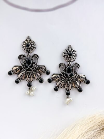 Black Oxidised Earrings with stones and pearls