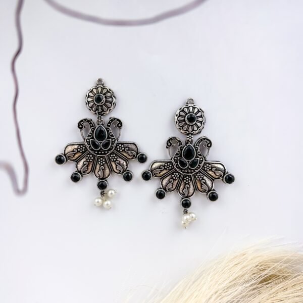 Black Oxidised Earrings with stones and pearls