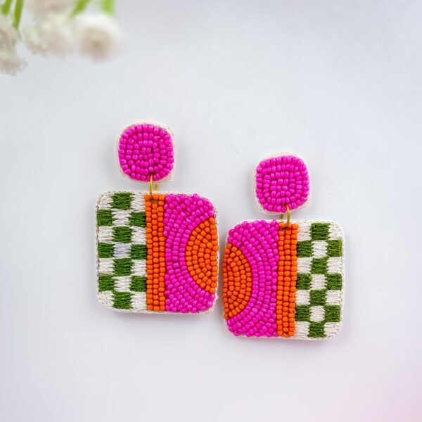 Trigya Handmade Pink & Green Checked Quirky Earrings
