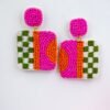 Trigya Handmade Pink & Green Checked Quirky Earrings - Image 2