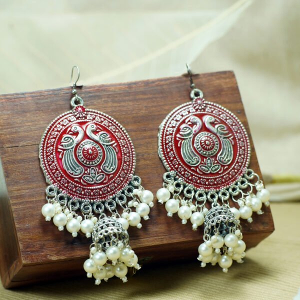 Red Meenakari Jhumke with Pearls