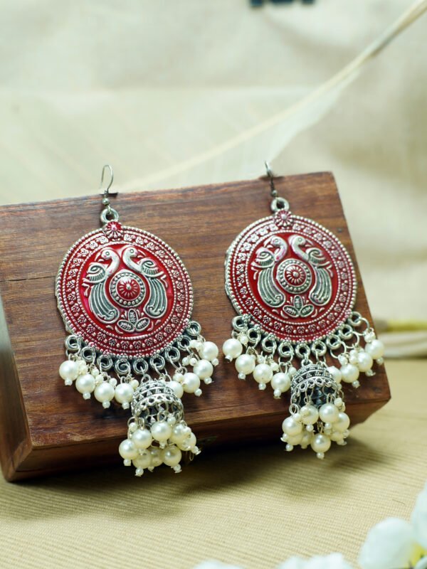 Red Meenakari Jhumke with Pearls