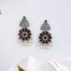 Red&Green Oxidised Flower Earrings - Image 3