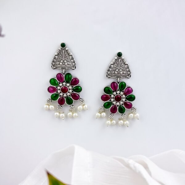 Red&Green Oxidised Flower Earrings